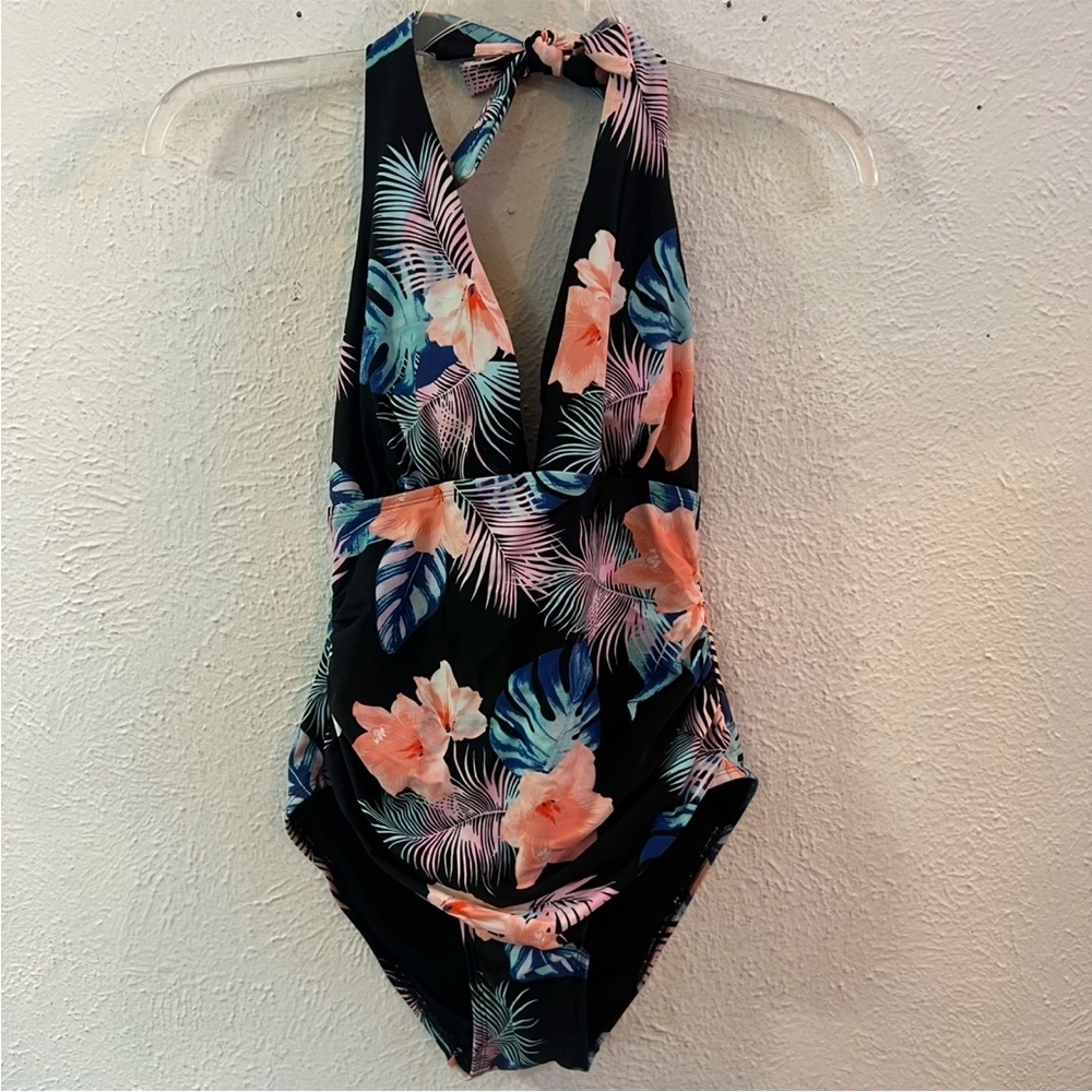 DKNY black tropical print halter tie swimsuit - Picture 3 of 6